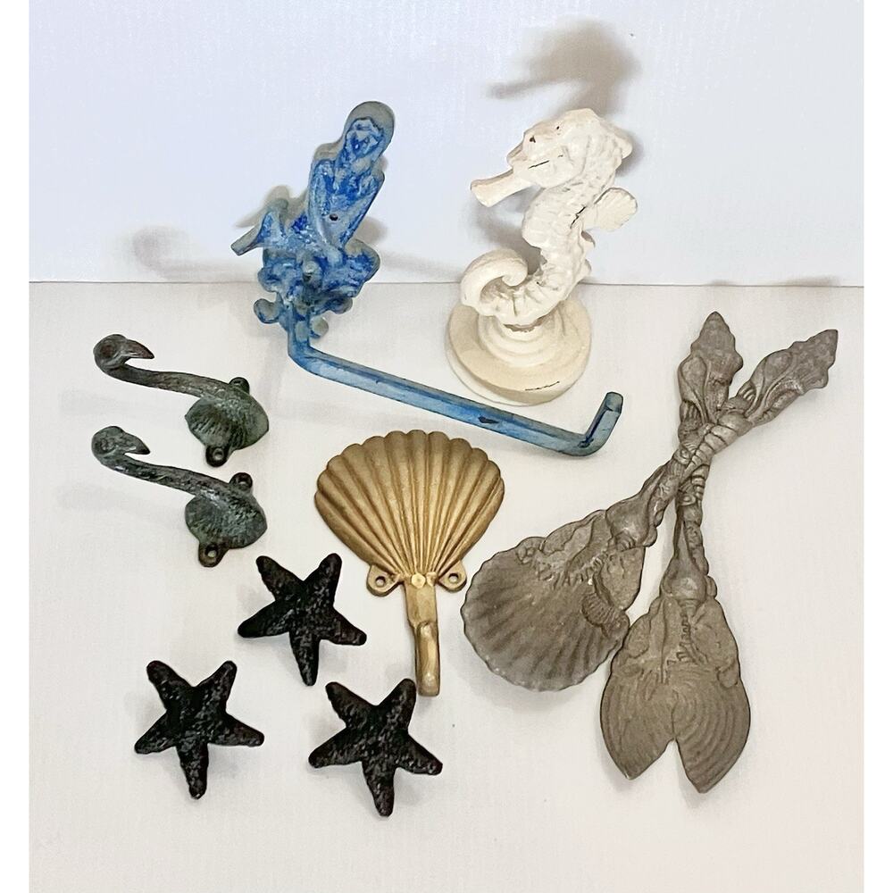 Rustic Nautical Coastal Decor Hardware Lot Cast Iron Metal Shell Mermaid Hooks